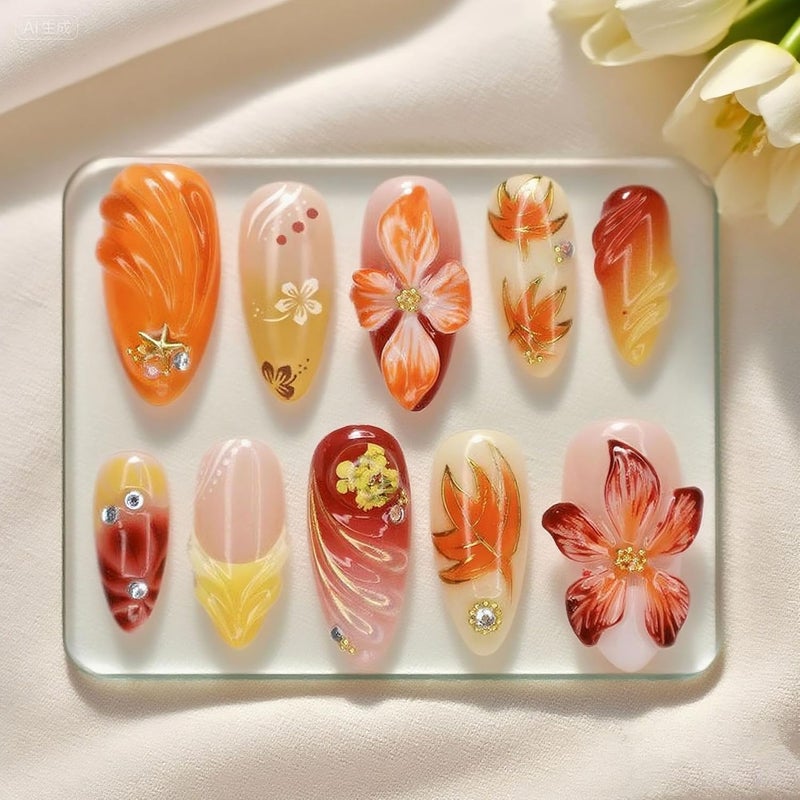 SEENEEY Fall Medium Press on Nails Almond Maple Leaves and Red Floral Stick on Nail for Women 30pcs - Image 1